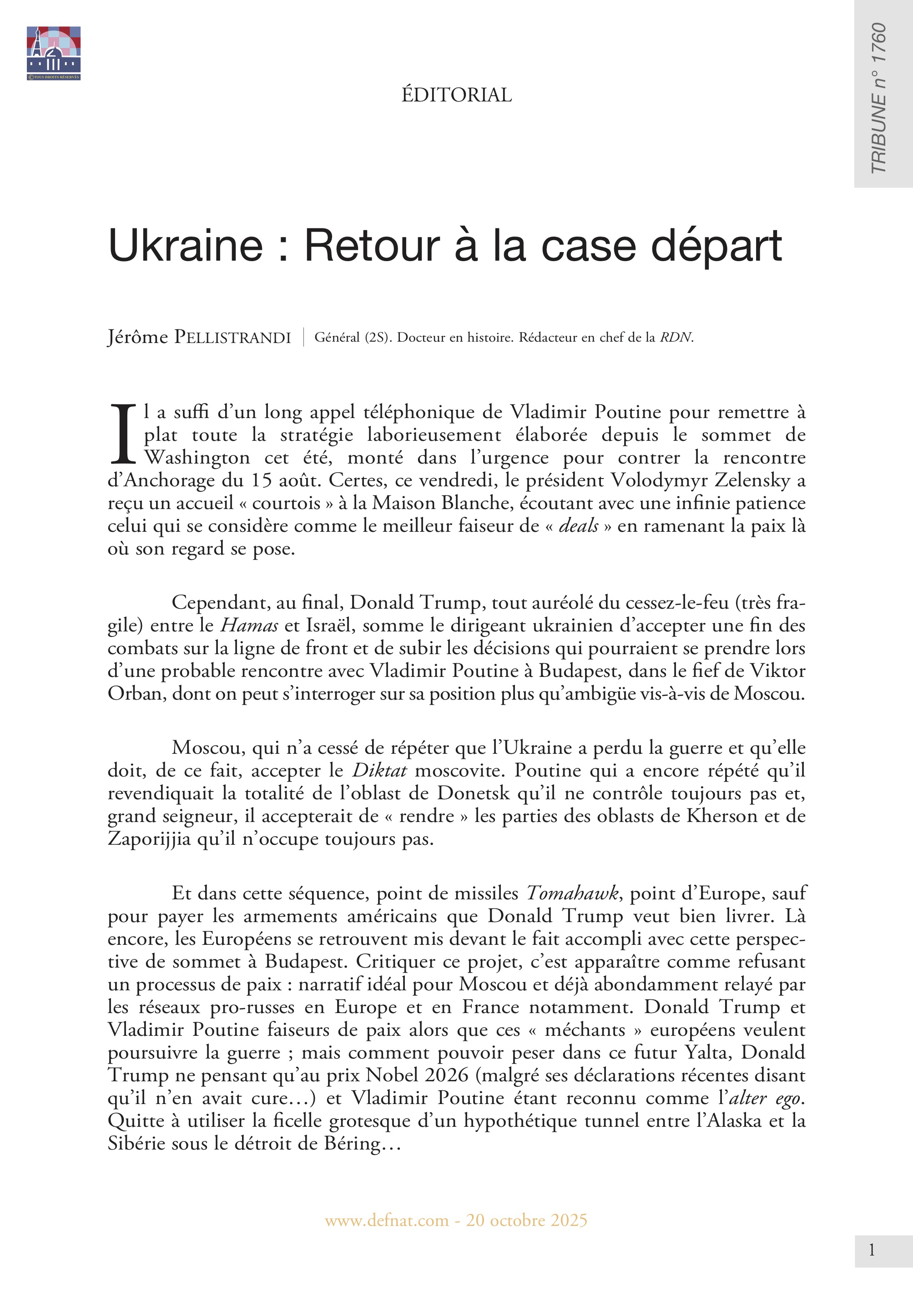 Éditorial – Ukraine : Retour à la case départ (T 1760)
